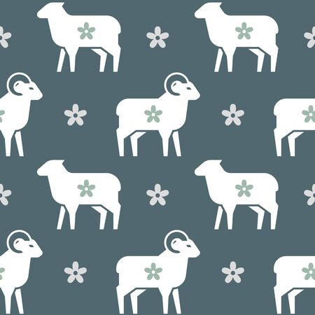 Vector seamless pattern on the theme of farming, sleep and so on. It consists of sheep and rams with a variety of flowers. In flat style in pastel colors.のイラスト素材