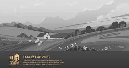 Vector template, banner or first screen for a landing page with a place for text, an illustration of a rural farm with agricultural equipment. Black and white illustration with color logo and text.のイラスト素材