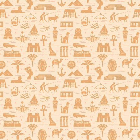 Bright seamless pattern of symbols, landmarks, and signs of Egypt from icons in a flat style.のイラスト素材
