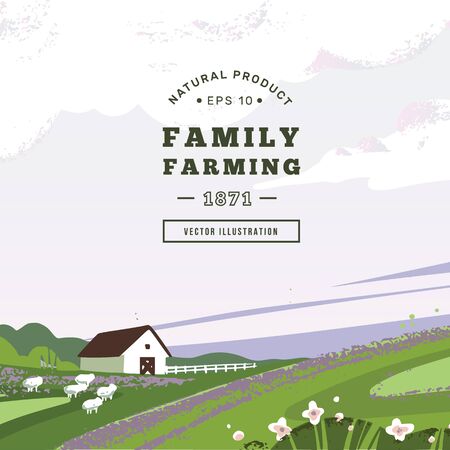 Color vector illustration in pastel colors of the countryside with a house, hills, plants, and sheep eating grass.のイラスト素材