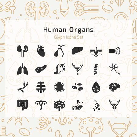 Set of vector icons of internal human organs in a linear style isolated with background of seamless medicine pattern.のイラスト素材