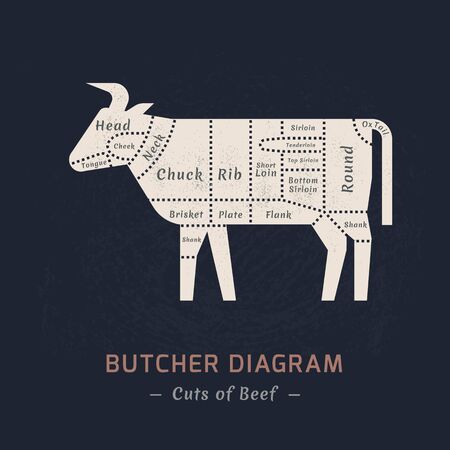 Cutting beef meat painted in a vector in a flat retro styles isolated against the background. For the butchers shop or restaurant menu.のイラスト素材