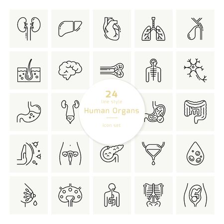 Set of 24 vector icons of internal human organs in a glyph style isolated with background of seamless medicine pattern.のイラスト素材