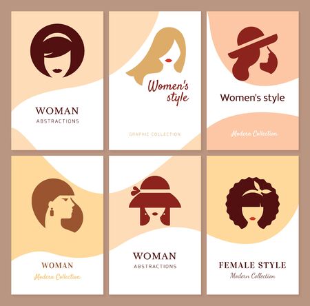 Flat icons collection of various women with stylish haircuts. Modern design vector illustration avatars set. Isolated on vector background.のイラスト素材