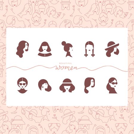 Colorful vector seamless pattern of silhouettes of women in a linear style with inscriptions beautiful font. On vector noised background.のイラスト素材