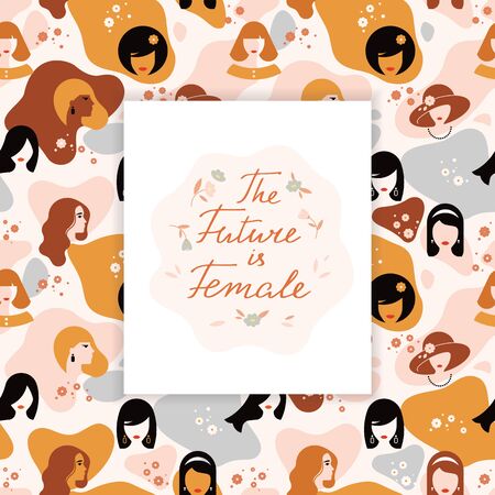 Seamless pattern of female styles. Vector seamless pattern of drawings of women with different hairstyles and colors on the background. Retro style.のイラスト素材