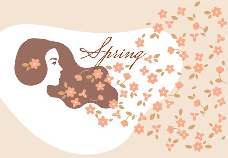 Illustration on the banner of the spring womens day with the silhouette of a girl with flowers flying in the side.のイラスト素材