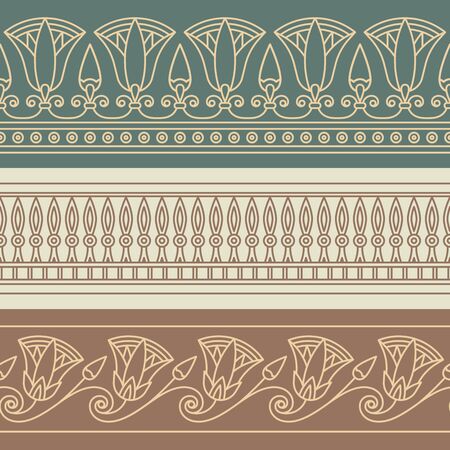 Seamless vector illustration based on the Egyptian national ornament with lotus flower in a linear style on brown background.のイラスト素材