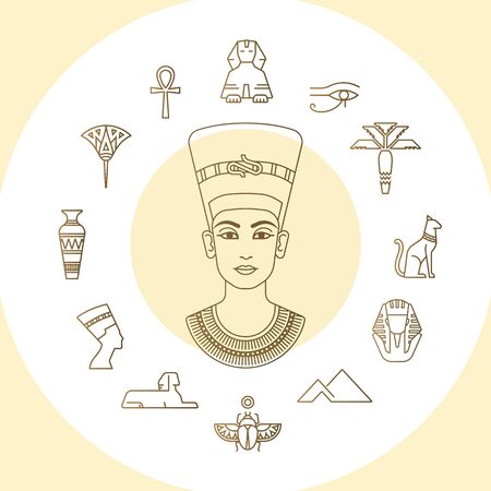 Set of vector Egypt symbols icons and graphics elements with landmarks, traditional signs and famous Egyptian symbols with illustration the queen of Egypt Nefertiti in profile.のイラスト素材
