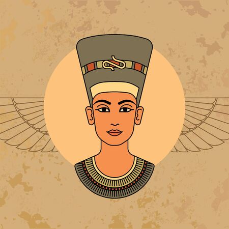 A colorful vector image of the queen of Egypt Nefertiti profile isolated on a background of the Egyptian symbols.のイラスト素材