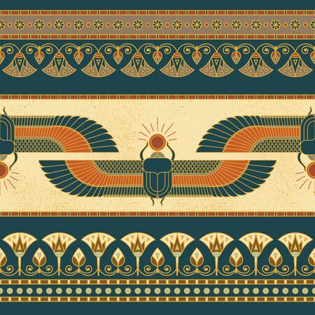 Symbols of ancient Egypt with an illustration of a woman with wings, lotus, horizontal seamless pattern and other symbols.のイラスト素材