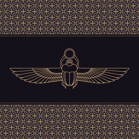 Color illustration of the Egyptian scarab beetle, personifying the god Khepri with seamless pattern. Symbol of the ancient Egyptians.のイラスト素材