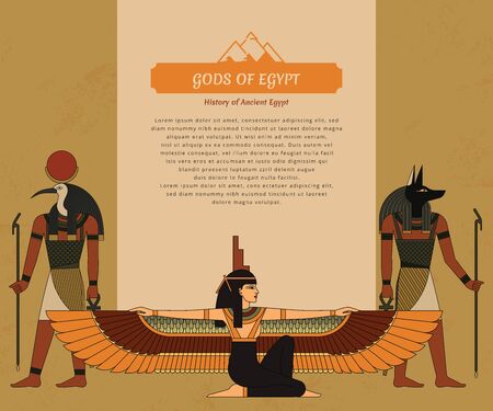 A presentation template or flyer  from the Egyptian Pyramids and a place for text. It depicts the gods of ancient Egypt Thoth, Anubis and Isis.のイラスト素材