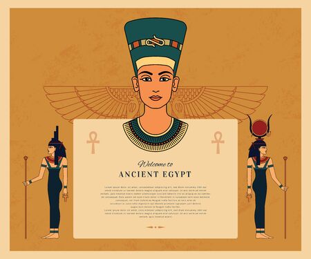 Template welcome to ancient Egypt with place for the text and Egyptian goodness , Hathor, queen Nefertiti and Egyptian winged sun.のイラスト素材