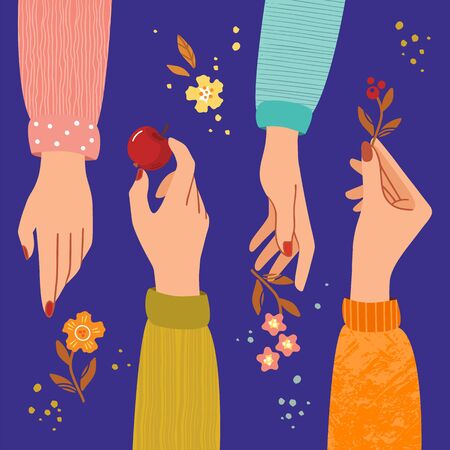 Hands painted in flat style in various colors with and without objects. Outstretched hands. Vector illustration.のイラスト素材