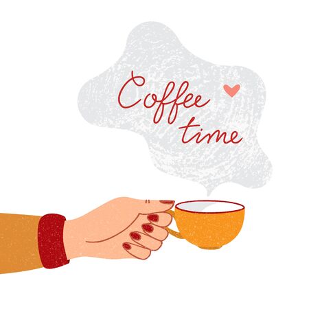 Figure a fragrant cup of coffee with steam flying out of it with the inscription of coffee time and heart. Vector illustration in EPS10.のイラスト素材
