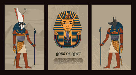 Vector illustration symbols of ancient Egypt Egyptian gods Anubis and Horus, and mask of pharaoh Tutankhamun.のイラスト素材