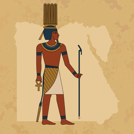 The Egyptian ancient god Anhur painted against the backdrop of a map of Egypt and a papyrus.  Vector...