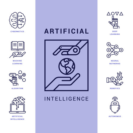 A large collection of linear icons of artificial intelligence and cyber technologies isolated on a white background.  Vector illustration.のイラスト素材