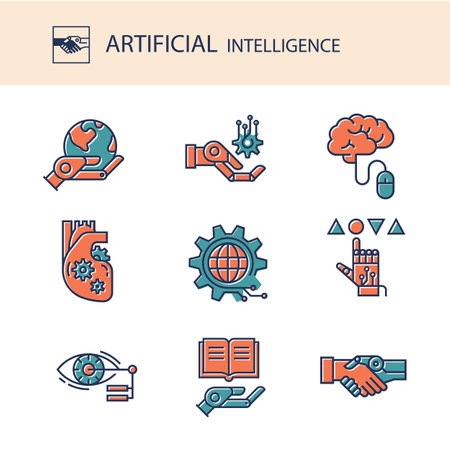A collection of colored icons of artificial intelligence in a linear style isolated on a white background.  Vector illustrationのイラスト素材