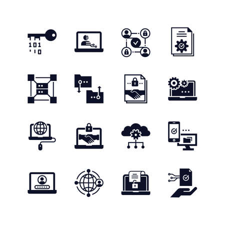 Blockchain web icon set, Glyph icons on white background. Digital graphic symbol collection.のイラスト素材