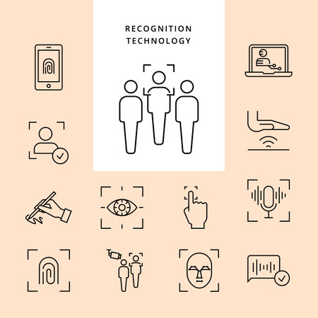 Set of line icons - biometric authorization, identification and verification symbols. Fingerprint recognition, eye and palm scanning, face and voice authentication. Vector illustration isolatedのイラスト素材