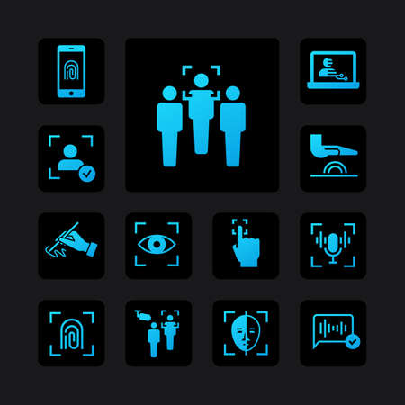 Set of glyph icons - biometric authorization, identification and verification symbols. Fingerprint recognition, eye and palm scanning, face and voice authentication. Vector illustration on a black background.のイラスト素材