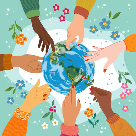Happy earth day concept with the hands of people of different nationalities reaching out to the earth. Colorful vector illustration in flat style. Vector illustration. EPS 10のイラスト素材