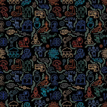 A seamless pattern is colorful of robotics icons, computers, androids, and artificial intelligence in the line style. Vector illustration.のイラスト素材