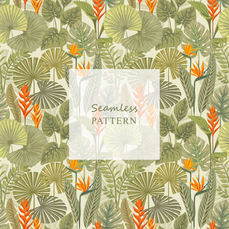 Vector seamless tropical pattern with exotic leaves. Modern bright summer foliage print.のイラスト素材