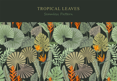 Vector seamless tropical pattern with exotic leaves on a dark background. Modern bright summer foliage print.のイラスト素材