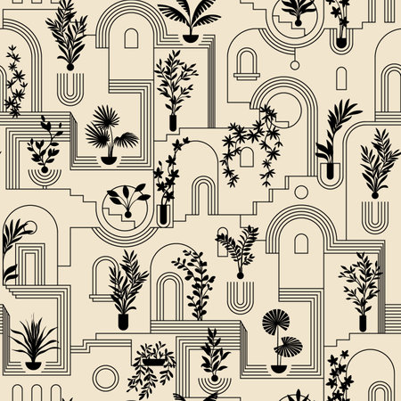 Seamless pattern with the old town. Repeating urban background that includes arches, staircases, windows, potted flowers, vertical landscaping. The architectural concept for tourism, beauty, flyers, wrapping paper, printed materials.のイラスト素材