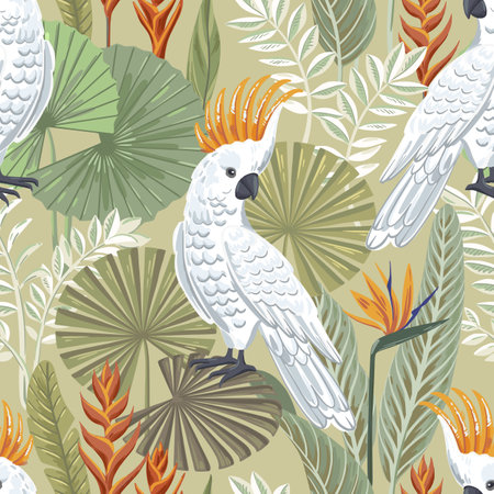 Vector seamless tropical pattern with cockatoo and exotic leaves. White birds on a green background. Modern bright illustration for print.のイラスト素材