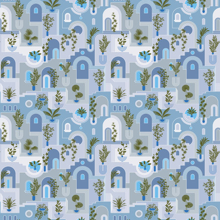 Abstract seamless pattern with the town. The architectural concept. Repeating urban background that includes arches, staircases, windows, potted flowers, vertical landscaping. Vector illustration.のイラスト素材