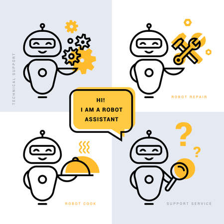 A collection of robotic assistants with various tools and outfits. Four colored robots. Vector illustration.のイラスト素材