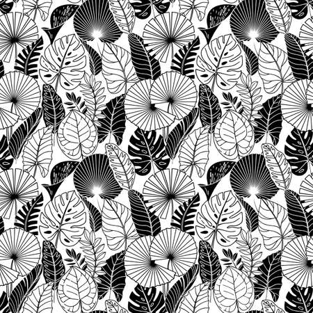 Seamless pattern with tropical leaves on a white background. Template design for textile, interior, clothing, wallpaper. Vector illustration with jungle plants.のイラスト素材