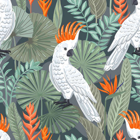 Seamless tropical pattern with cockatoo and exotic leaves. White birds on a dark background. Modern vector illustration.のイラスト素材
