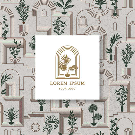 Architectural seamless pattern with plants city garden for hotel, wallpaper, or gallery. Vector illustrationのイラスト素材
