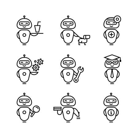 A collection of robotic assistants with various tools and outfits.のイラスト素材