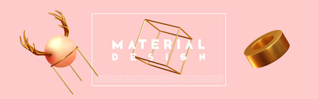 Chaos abstract background with 3d objects. Realistic geometric shapes. Design mess. Horizontal poster, cover headers, Banner website. vector illustrationのイラスト素材