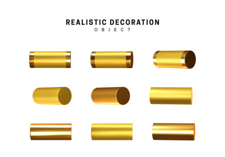 Golden geometric 3d object isolated on white background. Gold metallic geometry elements. Realistic vector illustration.のイラスト素材