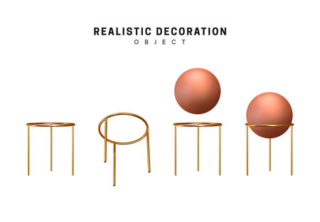 Realistic 3d shape Set of Spheres and balls with stand for them. Objects brown beige color of golden. Geometric decorative design element isolated white background. vector illustrationのイラスト素材