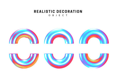 Set half torus. Donut Realistic geometric shapes with holographic color gradient. Hologram decorative design elements isolated white background. 3d objects shaped blue color. vector illustration.のイラスト素材