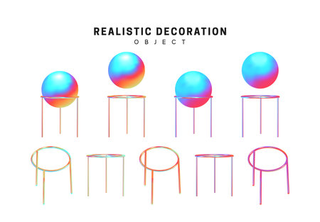 Realistic 3d shape Set of Spheres and balls with stand for them. objects with gradient holographic color of hologram. Geometric decorative design element isolated white background. vector illustrationのイラスト素材