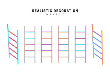 Set stairs Realistic geometric shapes with holographic color gradient. Hologram decorative design elements isolated white background. Ladder 3d objects shaped blue color. vector illustration.のイラスト素材