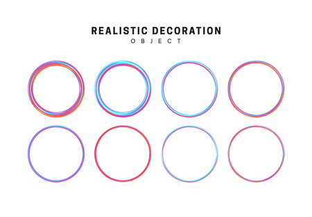 Gradient, pink and blue geometric shapes. Set decorative design elements isolated on white background. 3d objects shaped round rings of different thickness. Realistic vector illustration.のイラスト素材