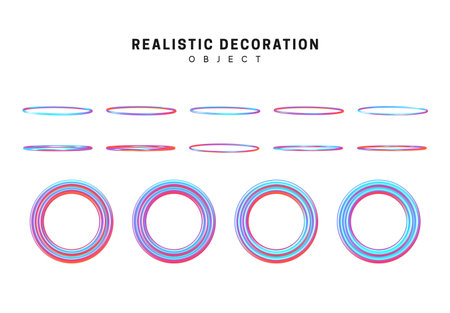 Geometric shapes gradient color hologram. Holographic circles, decorative design elements isolated on white background. 3d objects shaped blue round rings of different thickness. vector illustration.のイラスト素材