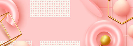Background with 3d realistic objects. Minimal abstract composition. backdrop with geometric shapes. Modern banner, web poster. Flat view from the top. Trendy Vector Design Elements. Pink and coralのイラスト素材