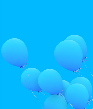 Festive background with helium balloons. Celebrate a birthday, Poster, banner happy anniversary. Realistic decorative design elements. Vector 3d object ballon with ribbon, blue color.のイラスト素材
