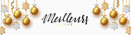 French text Meilleurs Voeux.. Background design of Xmas gold balls and bauble, golden glitter silver snowflake hanging on the ribbon. Festive decorative template. Merry Christmas and Happy New Year.のイラスト素材